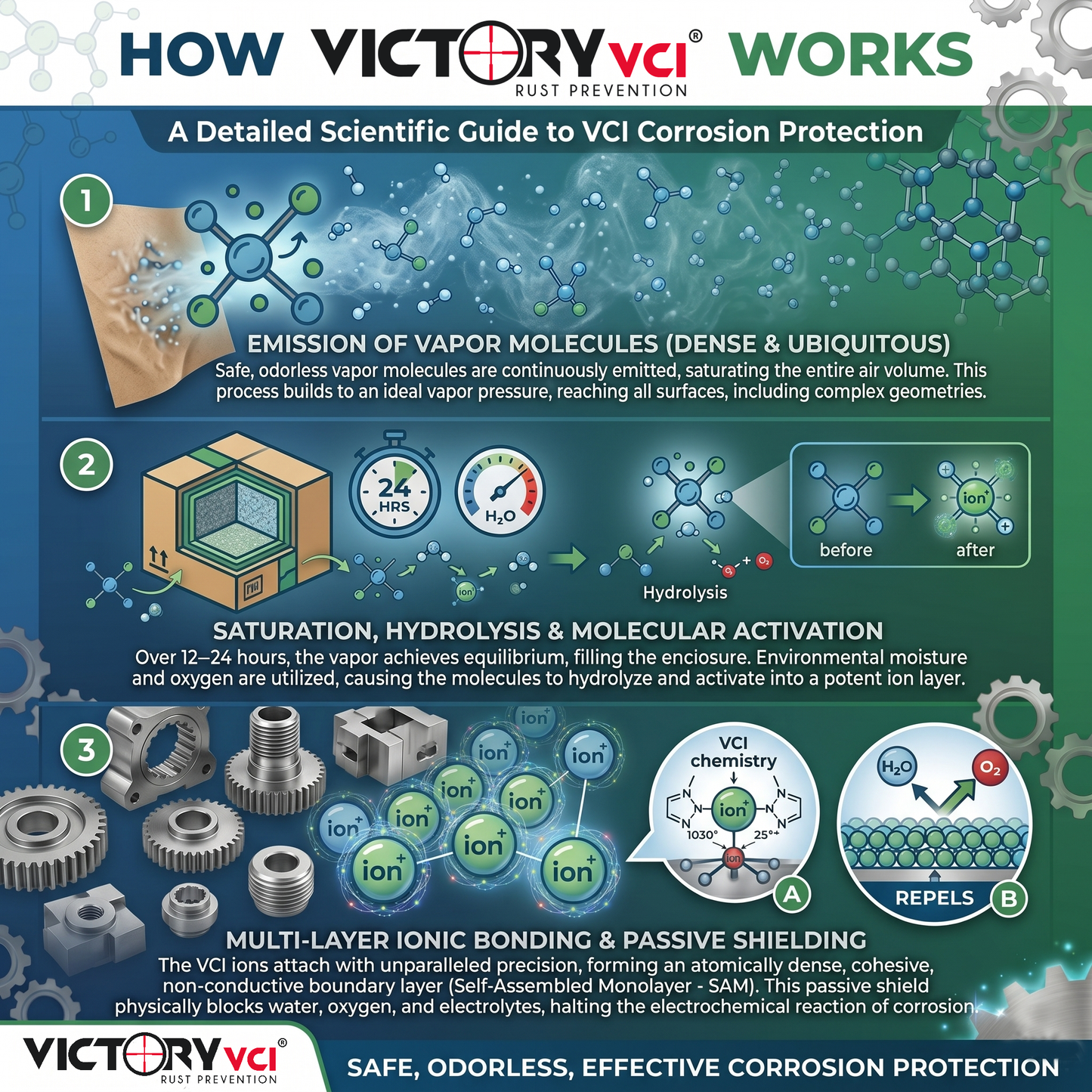 Scientific guide showing how Victory VCI vapor molecules form a molecular barrier to stop rust and metal corrosion.