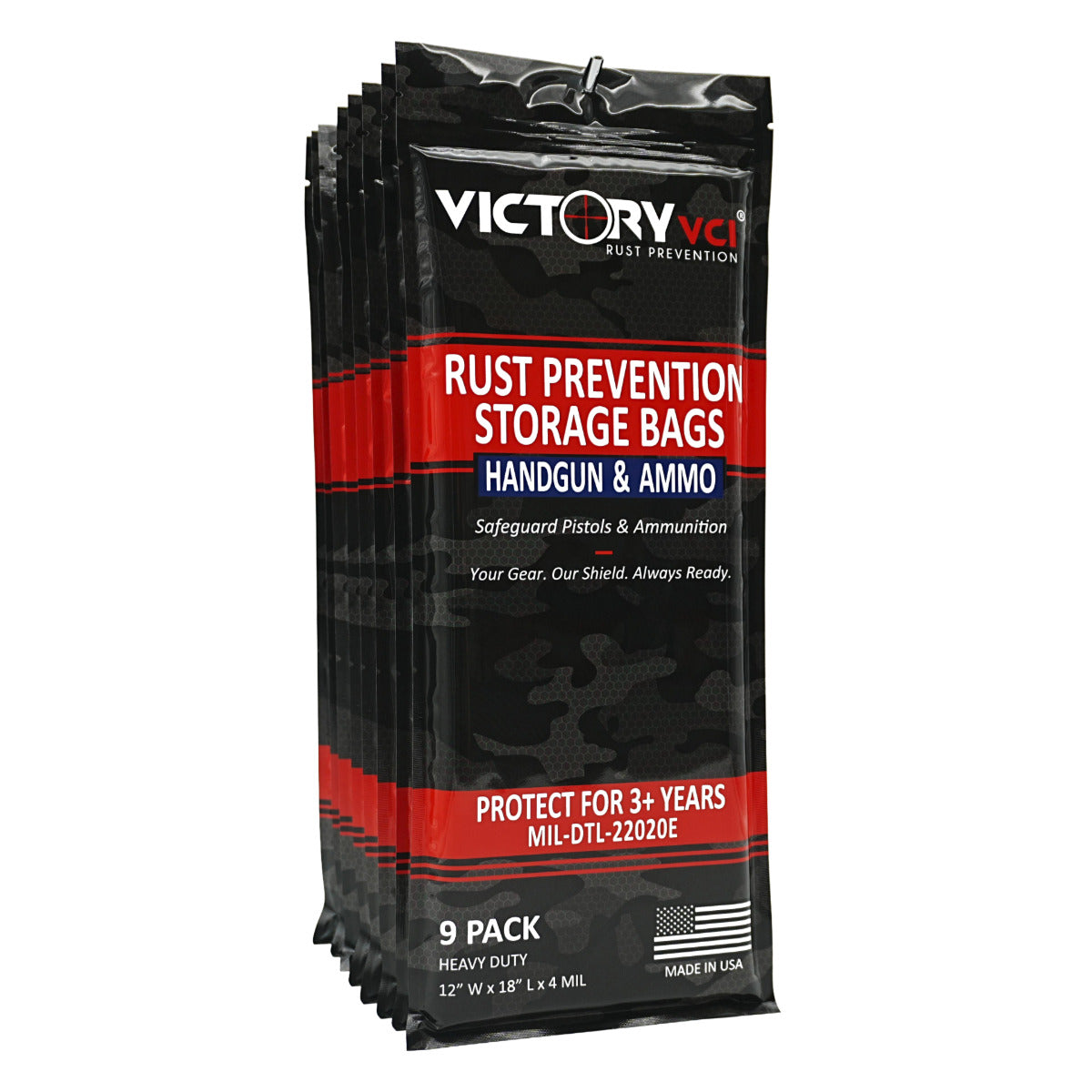 Victory VCI rust prevention storage bags, 12x18 in., 9-pack, 4-mil heavy duty, MIL-DTL-22020E compliant, oil-free, 3+ year protection, made in USA