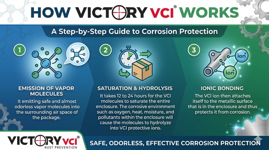 Infographic showing how Victory VCI works, illustrating vapor molecule emission, hydrolysis activation, and ionic bonding that forms a protective barrier against corrosion.