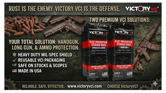 Victory VCI rust prevention storage bags for handguns, ammo, and long guns displayed over a background of rusted firearms and ammunition.