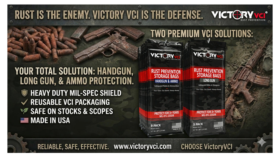Victory VCI rust prevention storage bags for handguns, ammo, and long guns displayed over a background of rusted firearms and ammunition.