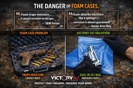 Victory VCI rust prevention storage bags for handguns, long guns, and ammo. Made in Texas.