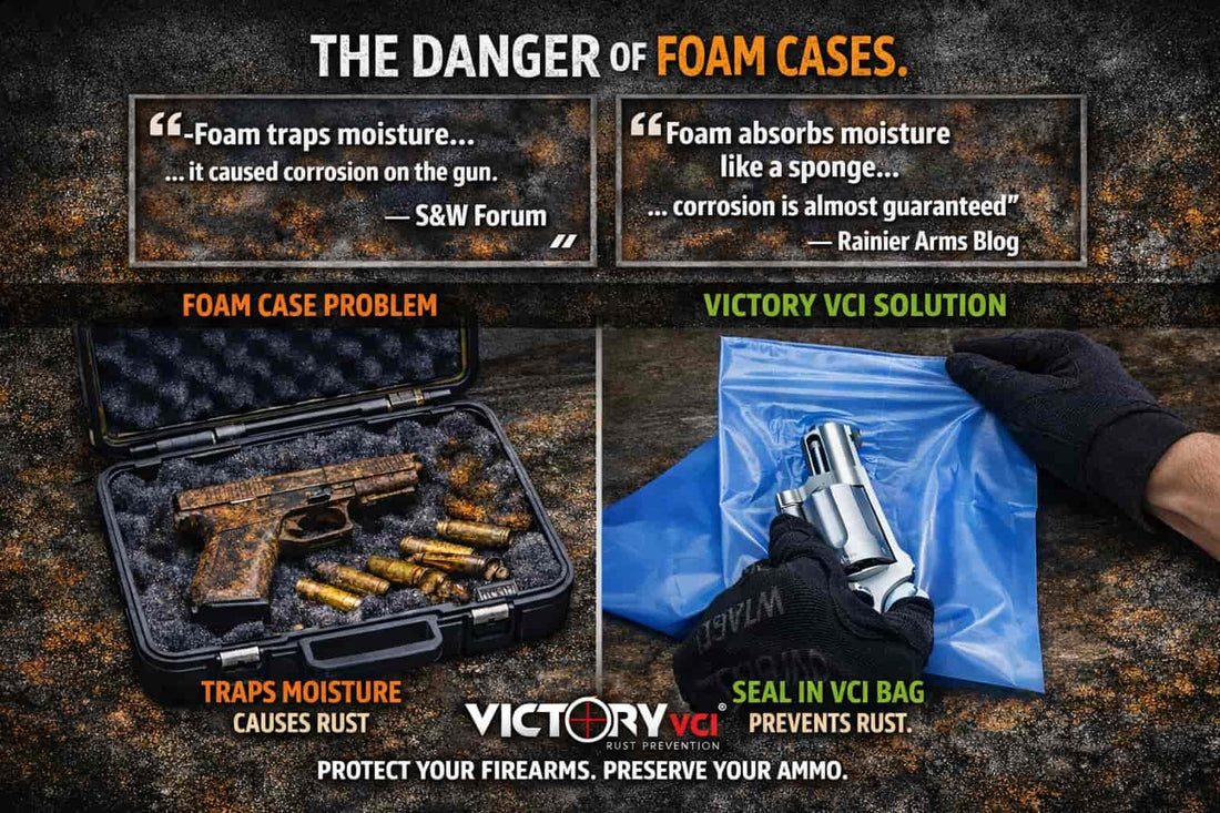 Foam-lined gun case and Victory VCI storage bag for firearm rust prevention during long-term storage.