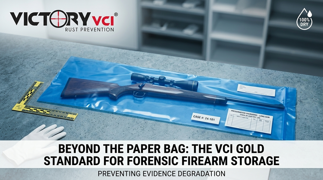 Forensic firearm evidence stored in a Victory VCI dry-state long gun bag to prevent rust and corrosion during long-term storage for law enforcement agencies.