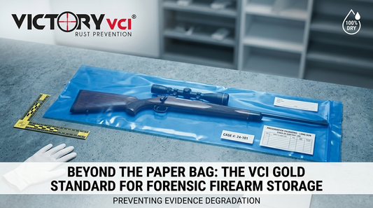 Forensic firearm evidence stored in a Victory VCI dry-state long gun bag to prevent rust and corrosion during long-term storage for law enforcement agencies.