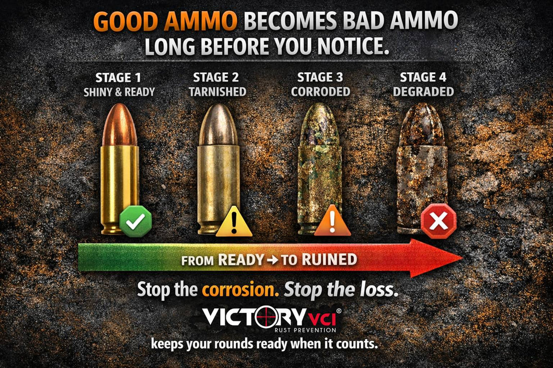 Infographic showing four stages of ammunition deterioration from shiny to tarnished, corroded, and fully degraded, highlighting the importance of corrosion protection.