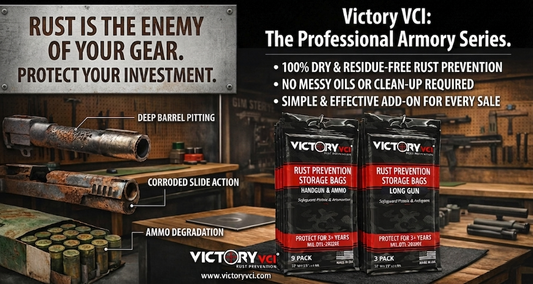 Victory VCI Professional Armory Series rust prevention bags for handguns, long guns, and ammo cans featuring "before and after" corrosion damage comparison.