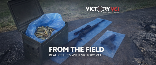 Victory VCI rust prevention bags protecting ammunition, a scoped rifle, and a handgun in a real-world field environment.