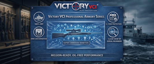 Infographic showing Victory VCI vapor corrosion inhibitors protecting a rifle in a dry, oil-free storage bag for maritime and fish and wildlife operations.