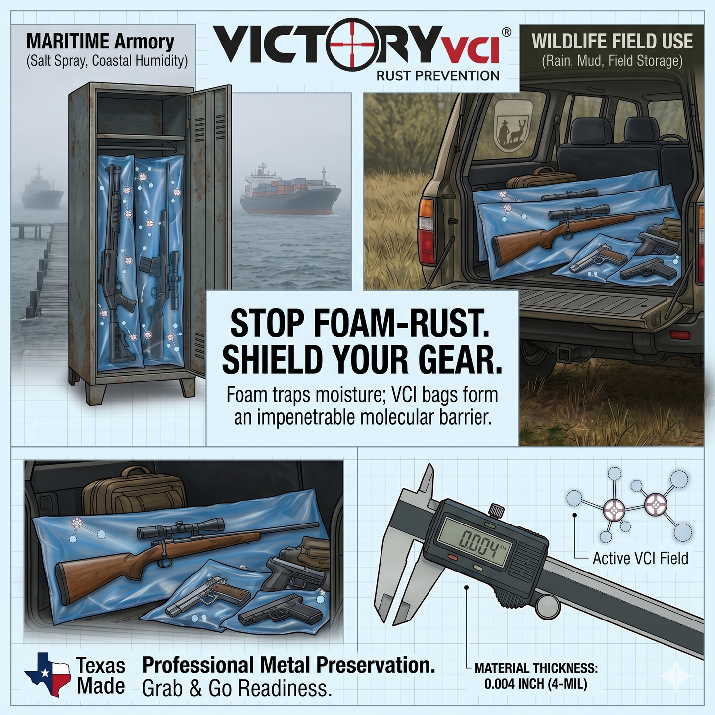 Military grade rust protection for tactical gear armories and maritime use.