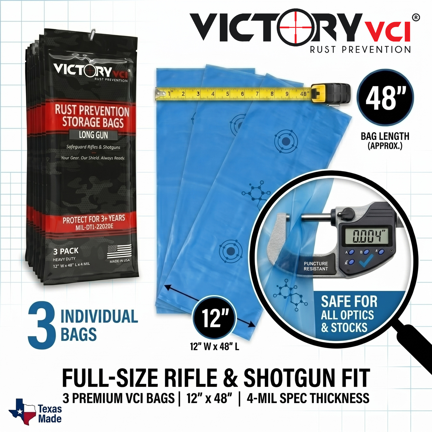 Puncture resistant 4-mil VCI material withstanding sharp edges of long-range rifle.