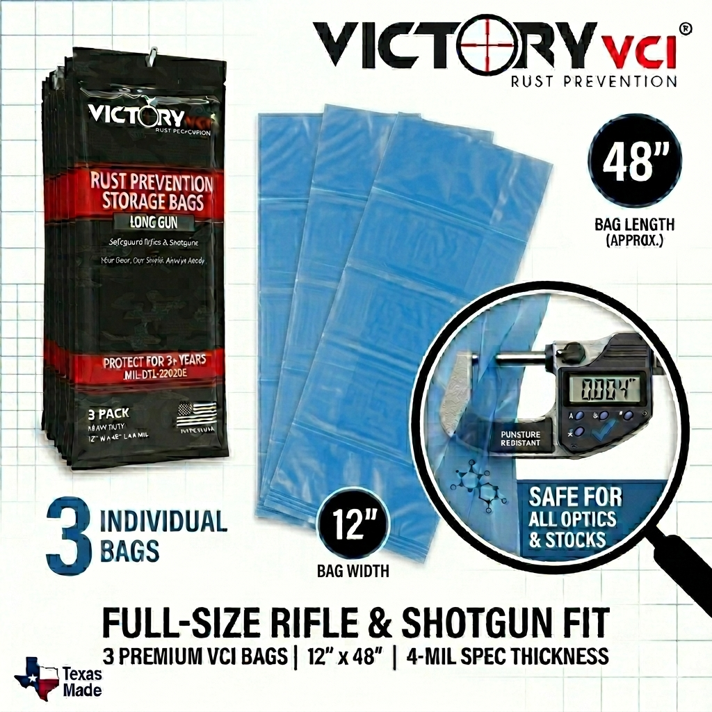 Puncture resistant 4-mil VCI material withstanding sharp edges of long-range rifle.