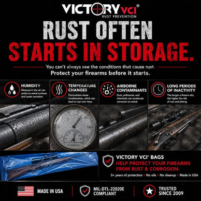 Victory VCI® long gun rust prevention bags protect rifles and shotguns in storage up to 3 plus years.