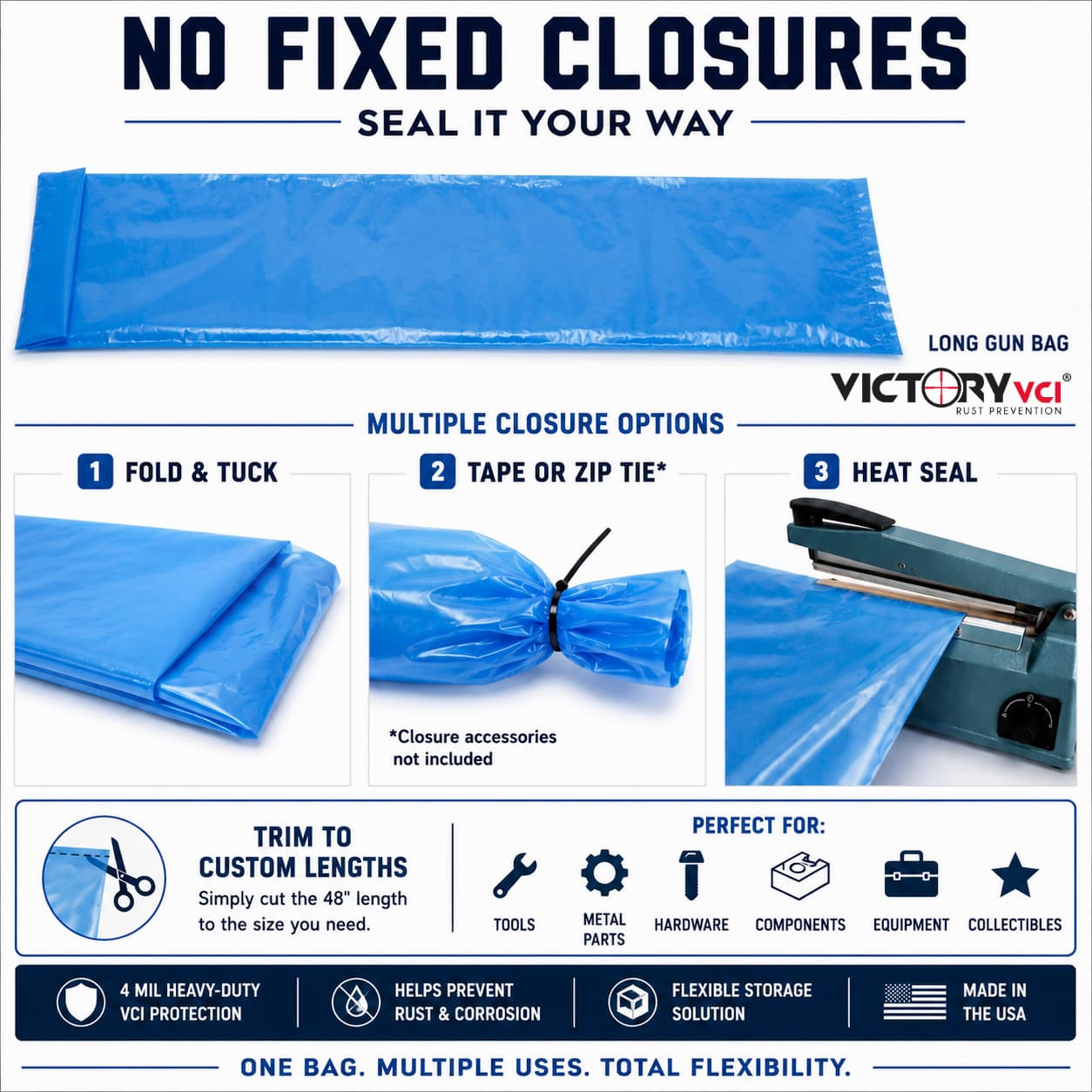 Victory VCI® long gun rust prevention bags open top provide multiple closure options for storage needs.