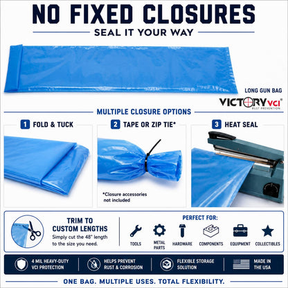 Victory VCI® long gun rust prevention bags open top provide multiple closure options for storage needs.