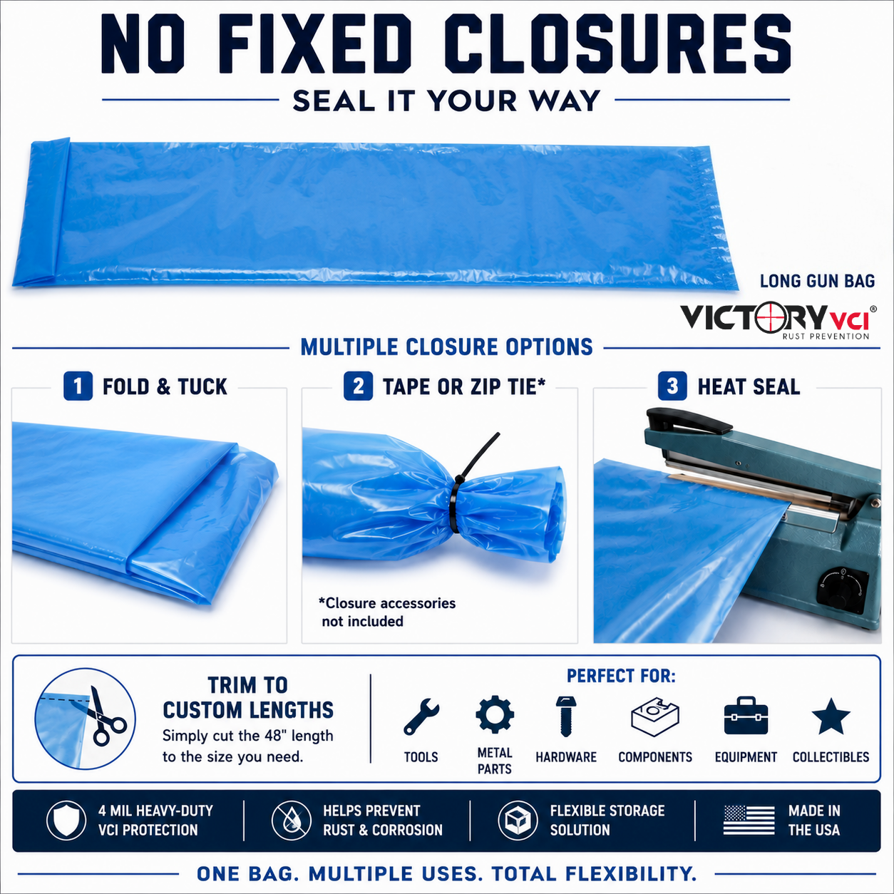 Victory VCI open-top gun bag showing fold, tie, tape, and heat-seal closure options.