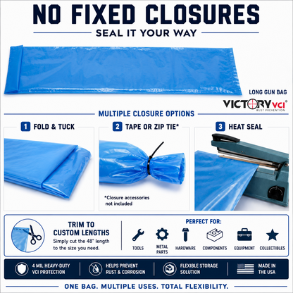 Victory VCI open-top gun bag showing fold, tie, tape, and heat-seal closure options.