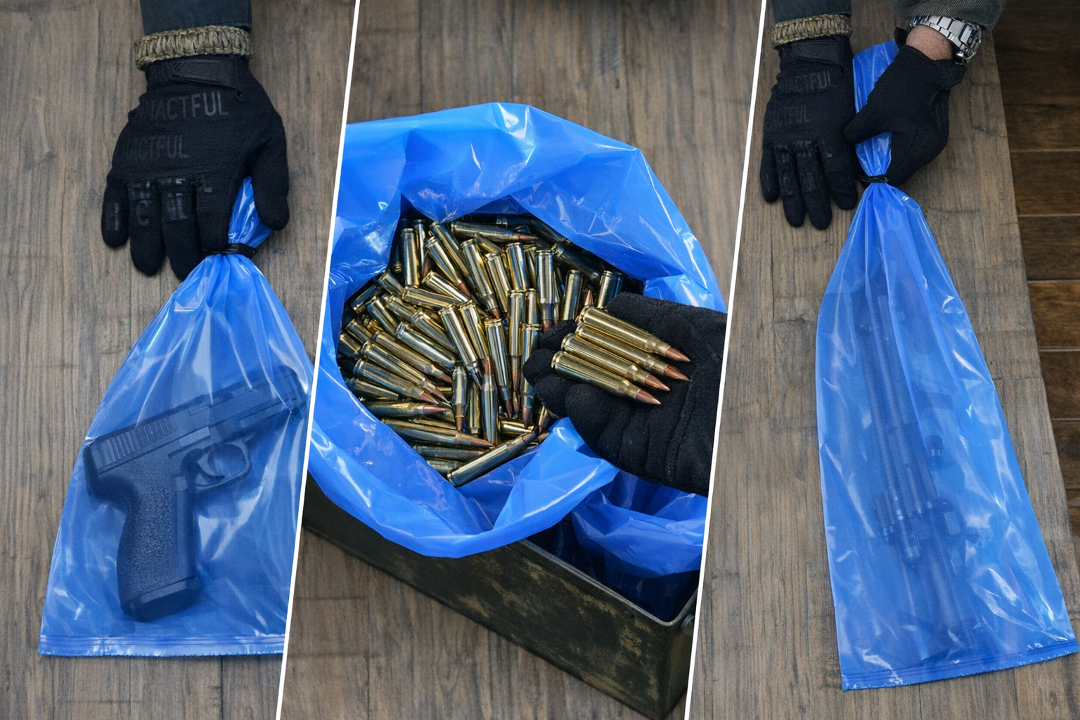 Victory VCI rust‑prevention bags shown in use — a gloved hand holds a sealed blue bag containing a handgun, another bag filled with brass rifle cartridges sits inside a green ammo box, and a long firearm is stored in a blue corrosion‑inhibitor bag on a wooden surface