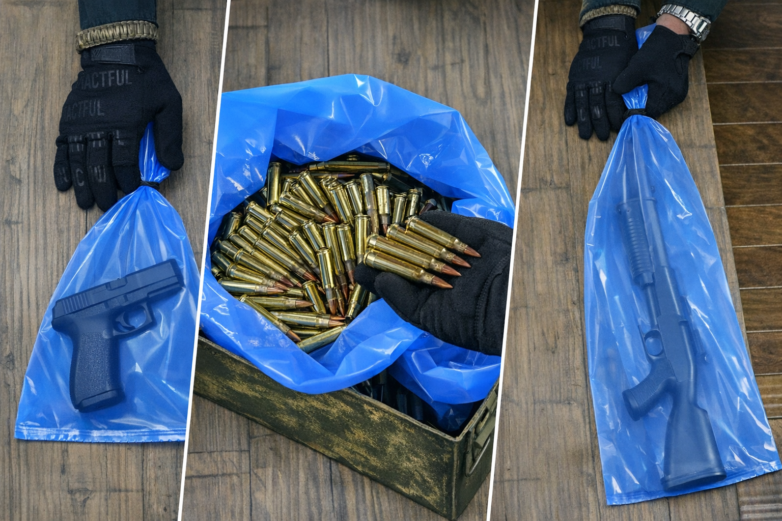 Victory VCI rust prevention bags storing a handgun, rifle cartridges, and long gun — VCI corrosion protection for firearms and ammo.