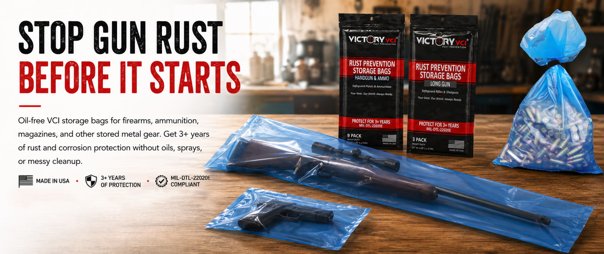 Victory VCI® rust prevention storage bags for firearms, ammunition, and metal gear, made in USA.