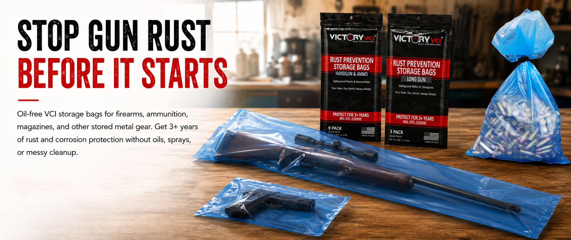 Stop gun rust before it starts with Victory VCI® Rust Prevention Storage Bags. Oil-free corrosion protection for 3  plus years.