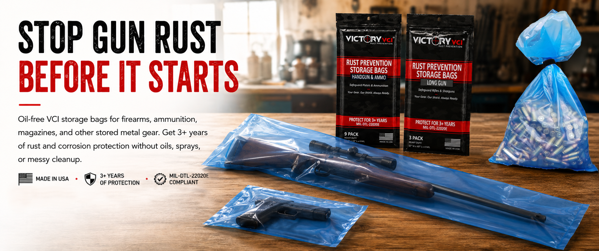 Victory VCI® Rust Prevention Storage Bags — oil-free VCI protection for firearms, ammo, and metal gear. Made in USA, MIL-DTL-22020E compliant.