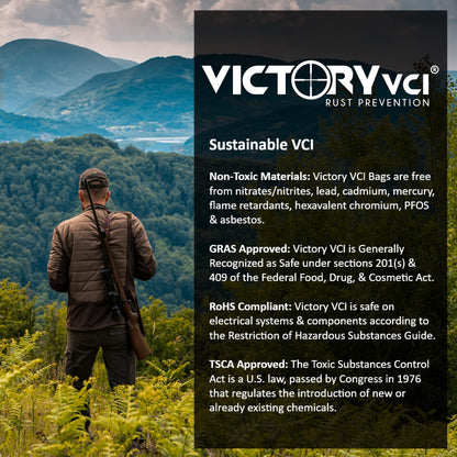 Sustainable VCI packaging for firearms–eco-friendly, USA-made poly bags providing long-term rust prevention without oils, desiccants, or cleanup. MIL-DTL-22020E compliant and non-toxic.