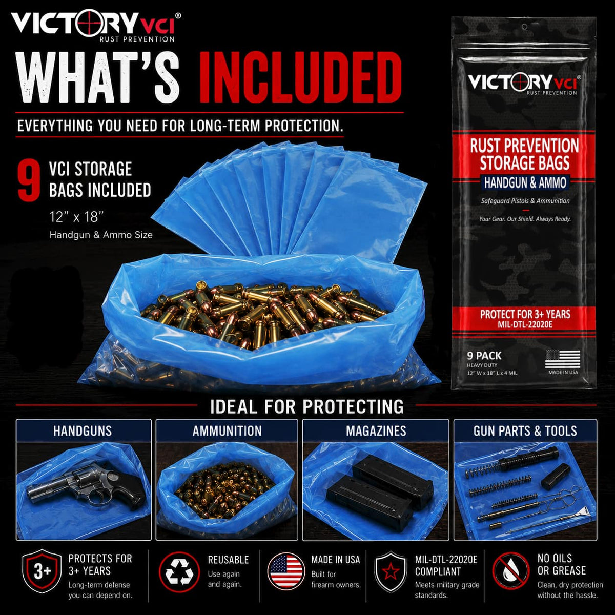 Nine Victory VCI® 12 x 18 handgun and ammunition storage bags included in each retail package.