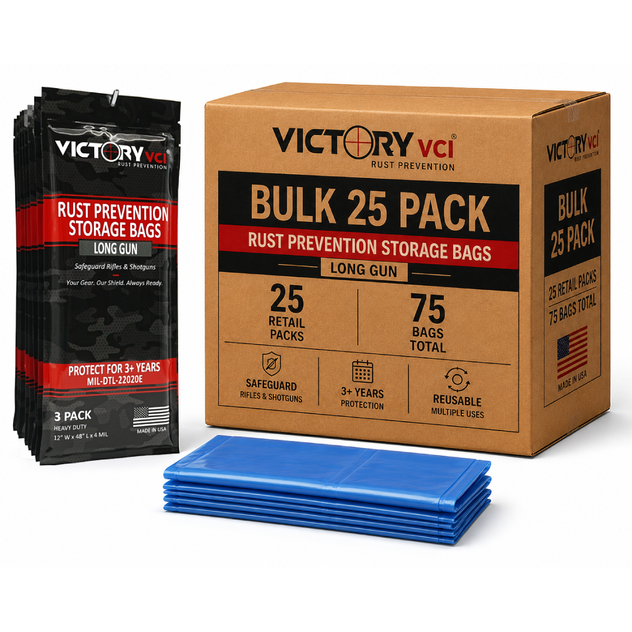 Victory VCI rust prevention storage bags, 12x48 in., 3-pack, case of 25 (75 bags total), MIL-DTL-22020E, 4-mil heavy duty, made in USA