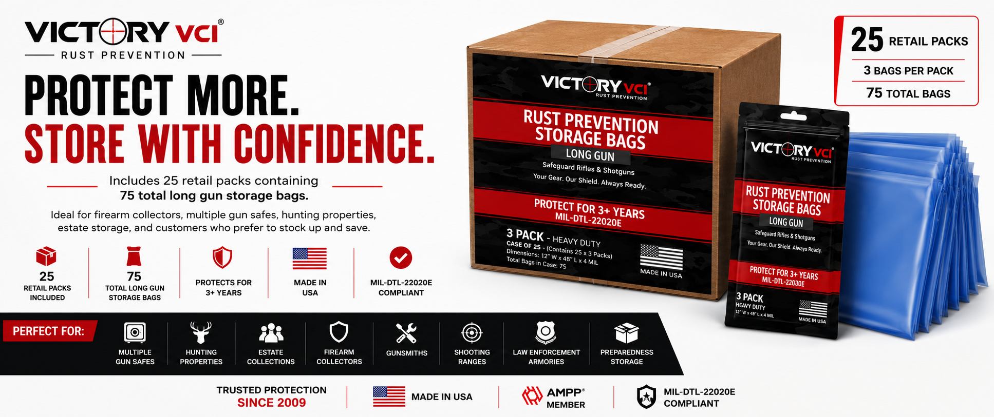 Victory VCI rust prevention storage bags bulk case, 25 retail packs, 75 total bags, MIL-DTL-22020E, made in USA