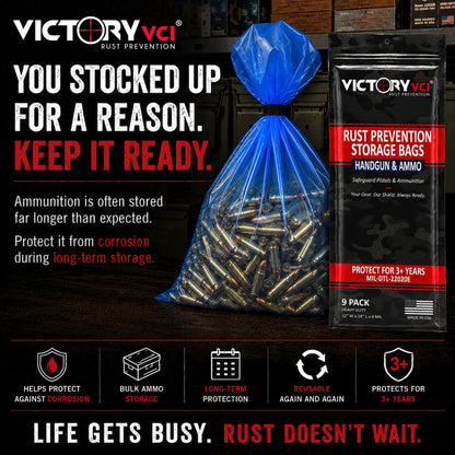 Victory VCI® handgun and ammo 9-pack, oil-free rust prevention, made in USA.