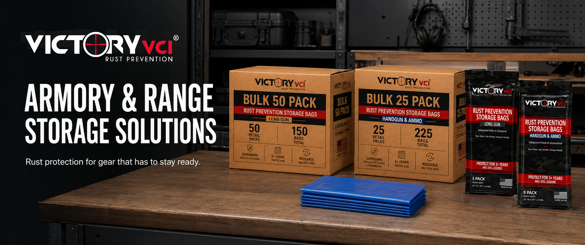 Victory VCI armory and range storage solutions with bulk rust prevention storage bags for high-volume firearm, ammunition, magazine, and metal gear protection.