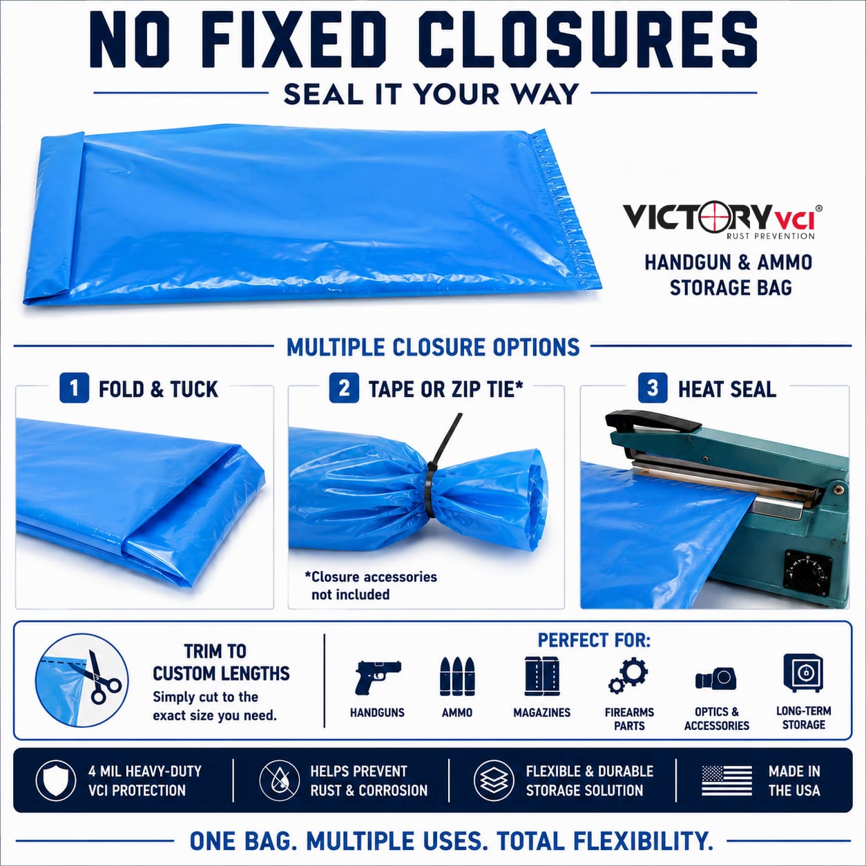 Victory VCI® handgun and ammo bag closure options - fold, tape, zip tie, or heat seal.
