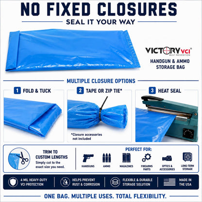 Victory VCI® handgun and ammo bag closure options - fold, tape, zip tie, or heat seal.