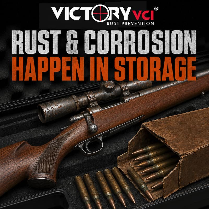 Heavily rusted scoped long gun and corroded ammunition stored in a case — rust and corrosion damage caused by improper metal storage in cardboard box.