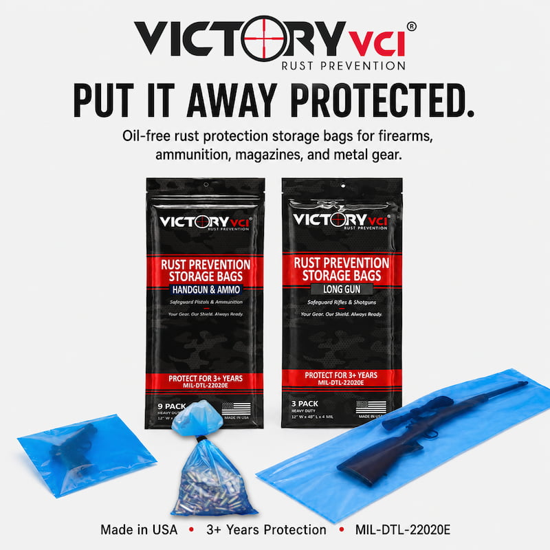 Victory VCI® oil-free storage bags protecting firearms and ammunition, meeting MIL-DTL-22020E standards for long-term rust prevention.