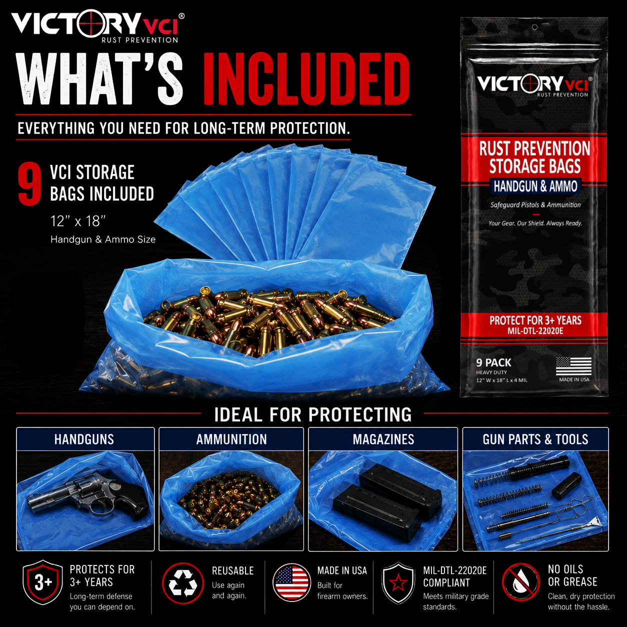 Victory VCI 12x18 rust prevention storage bags, 9-pack — what's included. 4-mil VCI protection for metal gear, collectibles, and hardware. Made in USA