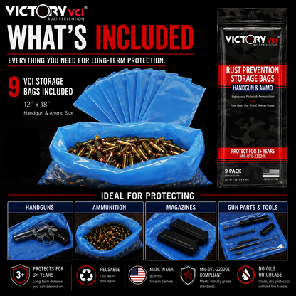 Victory VCI 12x18 rust prevention storage bags, 9-pack — what's included. 4-mil VCI protection for metal gear, collectibles, and hardware. Made in USA