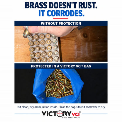Corroded brass ammunition next to clean 9mm ammo stored in a blue Victory VCI® bag.