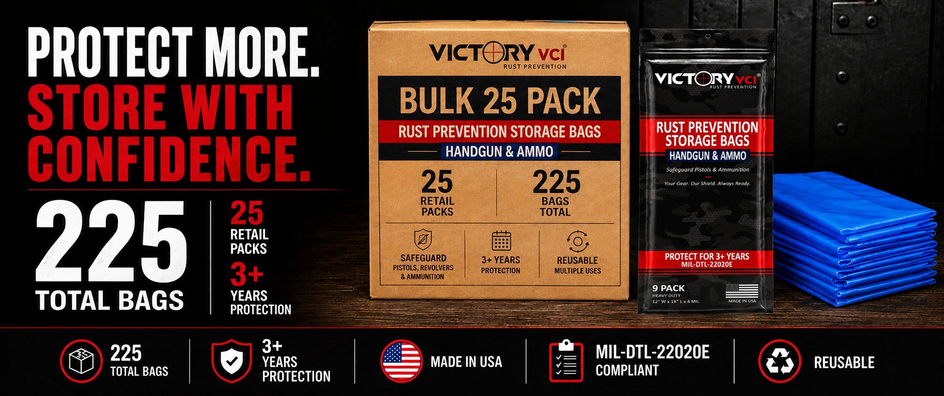 Victory VCI Bulk 25 Pack – 225 total rust prevention storage bags, 25 retail packs, 3+ year protection, MIL-DTL-22020E compliant, reusable, Made in USA.