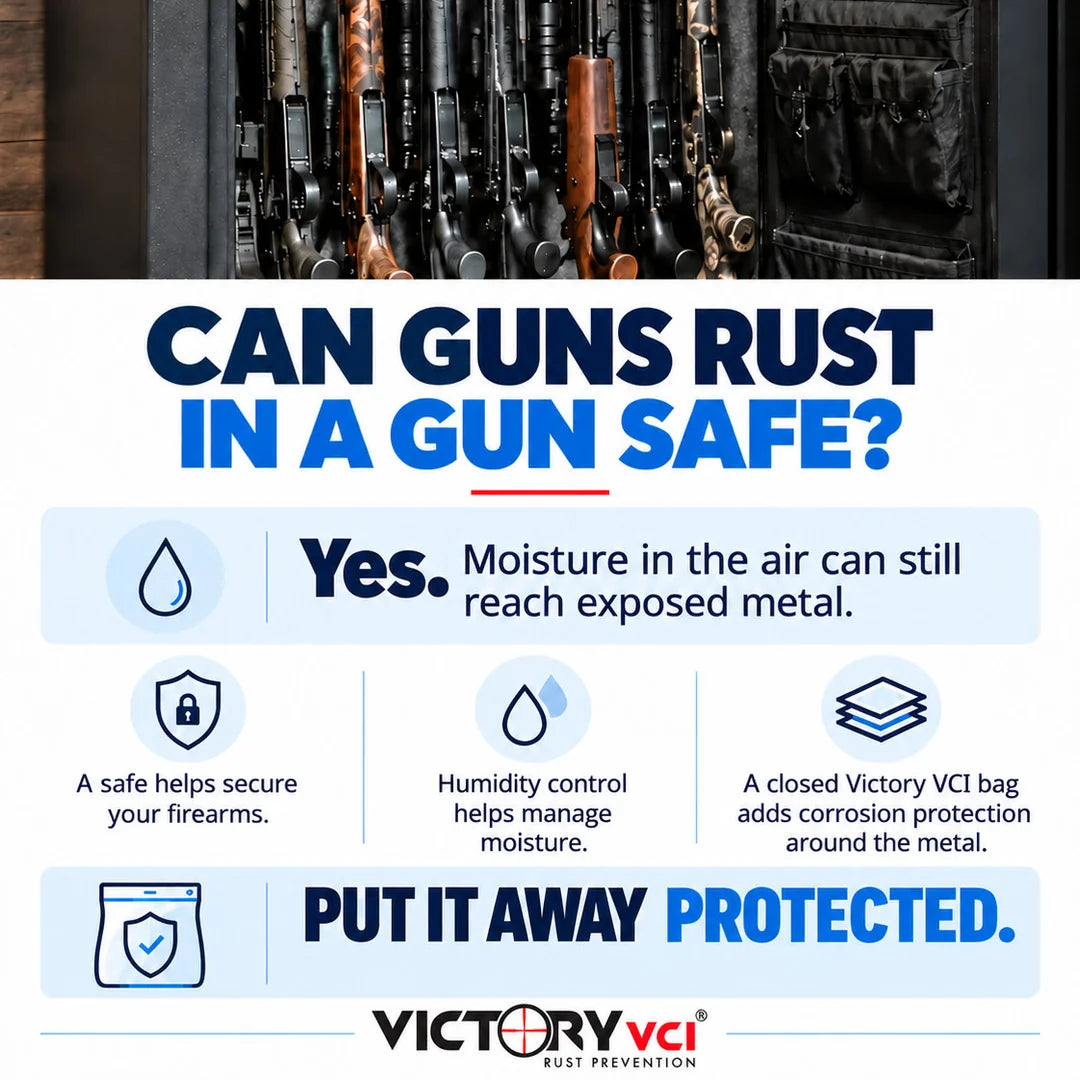 Rifles stored in an open gun safe, with text explaining that guns can still rust inside a safe.