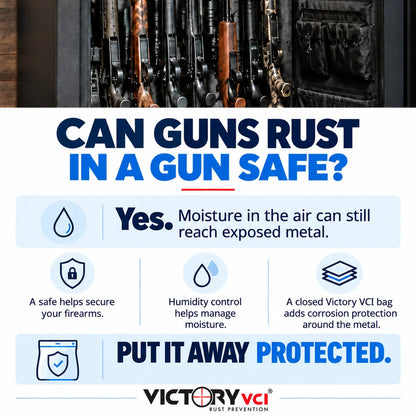 Rifles stored in an open gun safe, with text explaining that guns can still rust inside a safe.