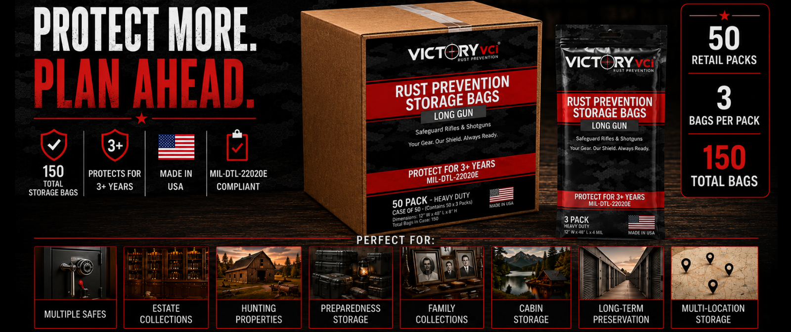 Victory VCI Rust Prevention Storage Bags, Case of 50 (150 Total Bags), MIL-DTL-22020E Compliant, Made in USA