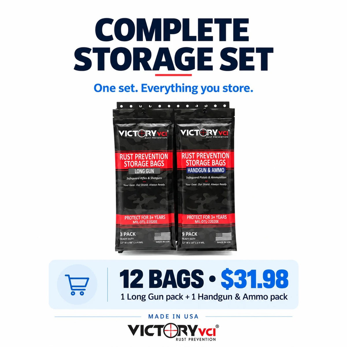 Victory VCI® Complete Storage Set with one Long Gun 3-pack and one Handgun & Ammo 9-pack, twelve bags total.
