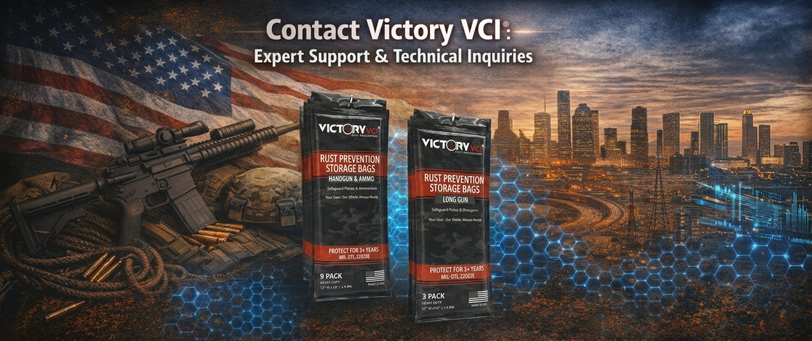 Victory VCI rust prevention storage bags - contact us for wholesale, dealer, and law enforcement inquiries. Made in Texas.