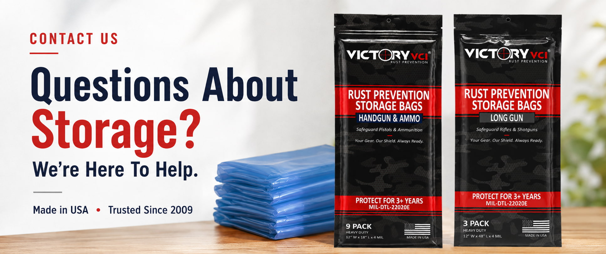 Victory VCI® military-grade rust prevention storage bags for firearms and ammo — contact us with questions.