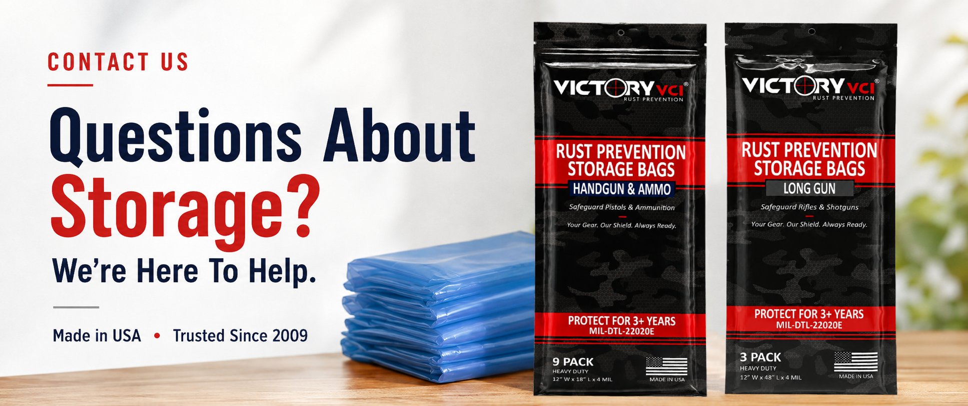 Victory VCI military-grade rust prevention storage bags for firearms and ammunition, contact us for storage questions.