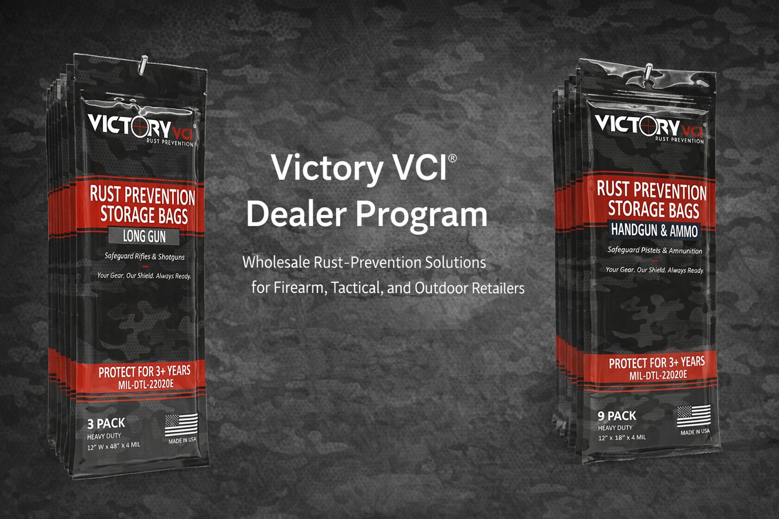 Victory VCI rust prevention storage bags with text on a dark background