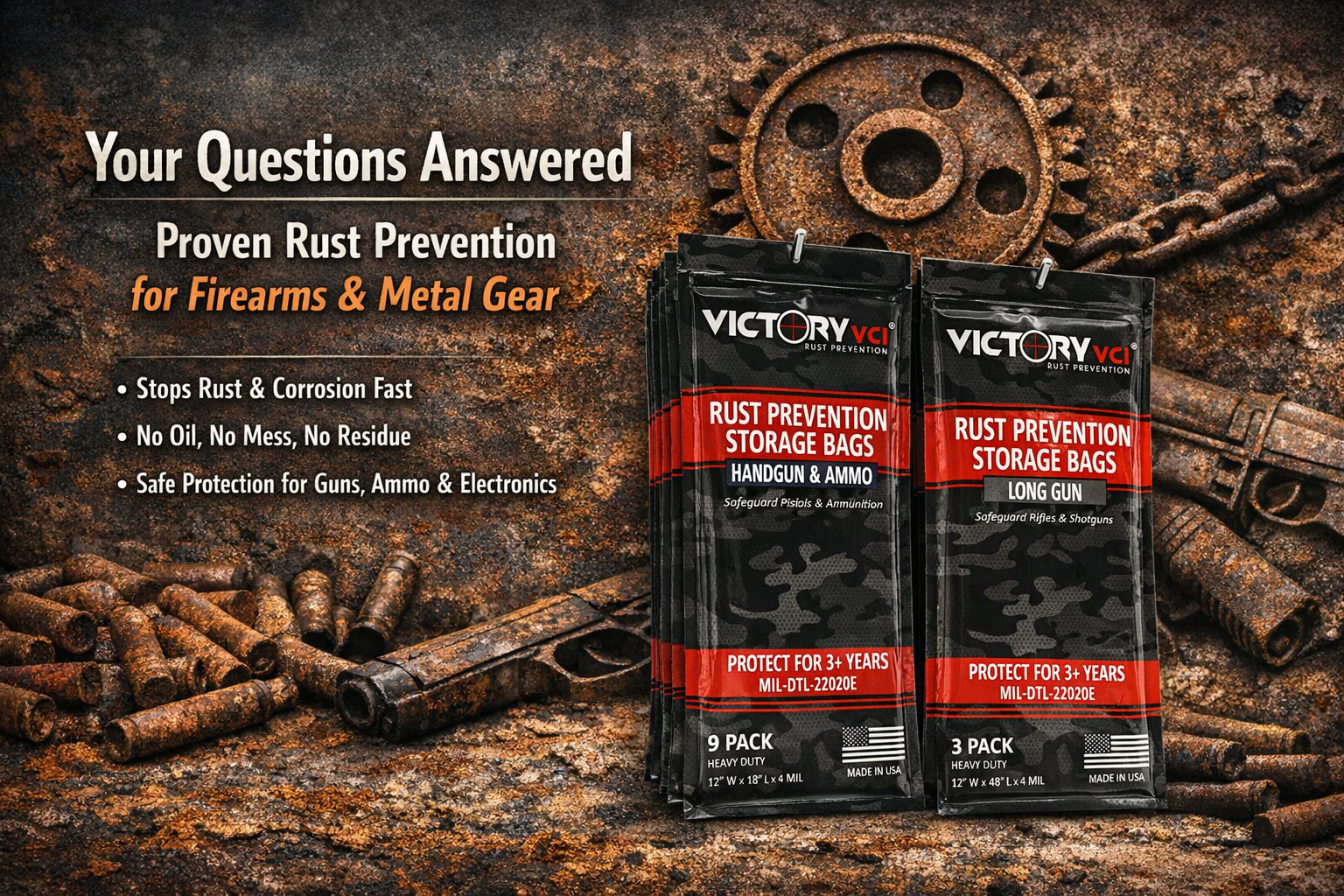Victory VCI rust prevention storage bags for handguns, ammo, and long guns — MIL-DTL-22020E certified, made in the USA.