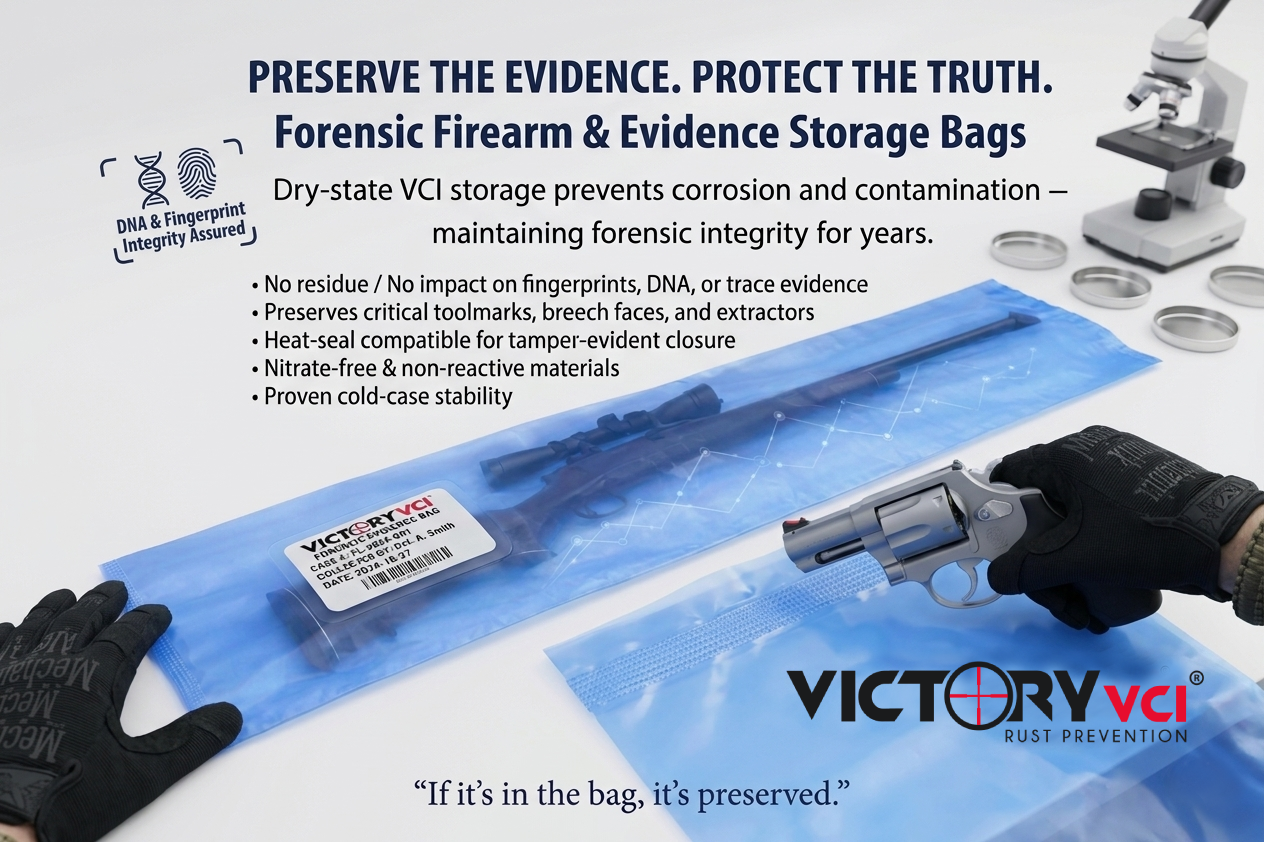 Victory VCI forensic firearm evidence bags — dry-state VCI protection for DNA, fingerprint, and toolmark integrity.